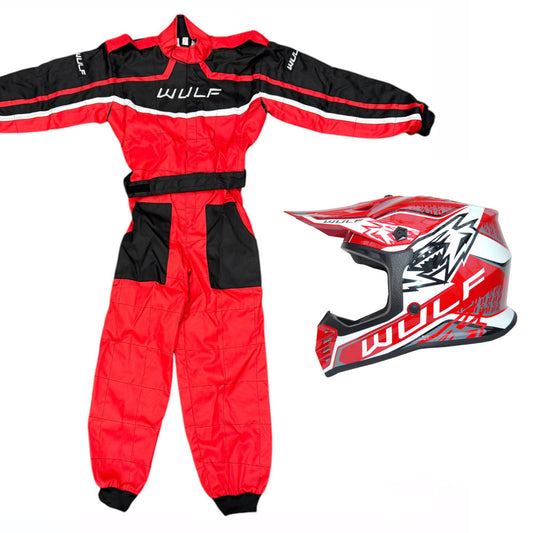 Kids Wulfsport MX Quad Motocross Overall & Helmet Red Set #O2