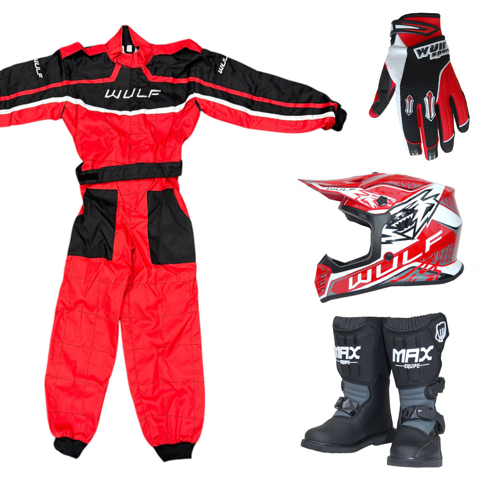 Kids Wulfsport MX Quad Motocross Overall, Helmet, Boots & Gloves Red Set #MO6