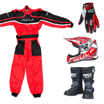 Kids Wulfsport MX Quad Motocross Overall, Helmet, Boots & Gloves Red Set #MO6