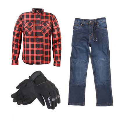 Duchinni Kids Textile Motorcycle Redwood Jacket, Tundra Jeans & Gloves Bundle Kit