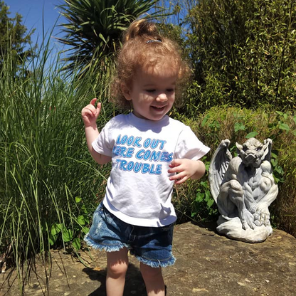 Baby Biker - Look Out Here Comes Trouble - Kids Baby Toddler White T-Shirt