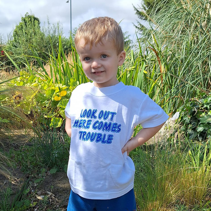 Baby Biker - Look Out Here Comes Trouble - Kids Baby Toddler White T-Shirt