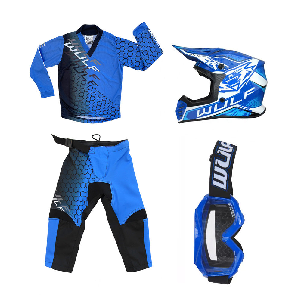 Kids MX Wulfsport 2025 CONNECT Motocross Shirt, Trouser, Goggle & Helmet Blue Set #5