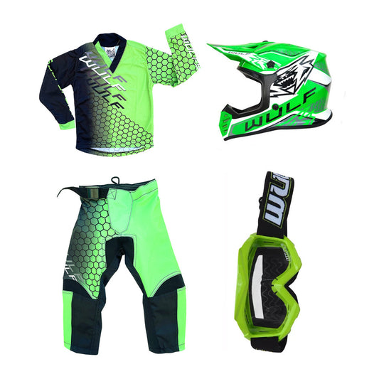 Kids MX Wulfsport 2025 CONNECT Motocross Shirt, Trouser, Goggle & Helmet Green Set #5