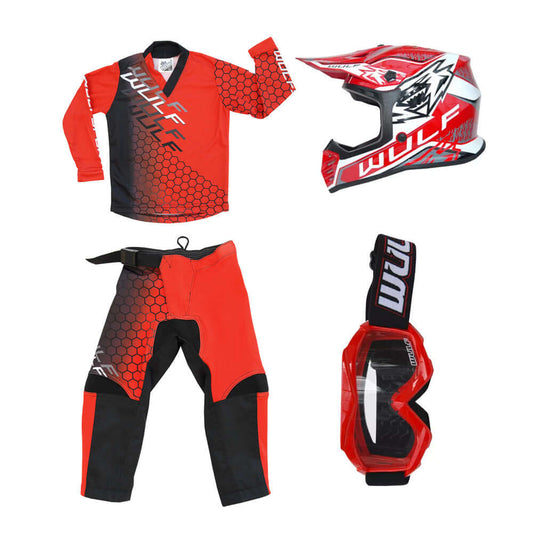 Kids MX Wulfsport 2025 CONNECT Motocross Shirt, Trouser, Goggle & Helmet Red Set #5