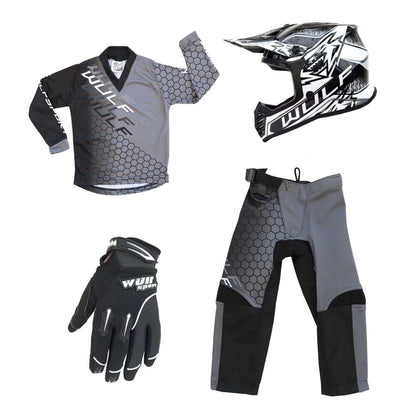 Kids MX Wulfsport 2025 CONNECT Motocross Shirt, Trouser, Glove & Helmet Black Set #6