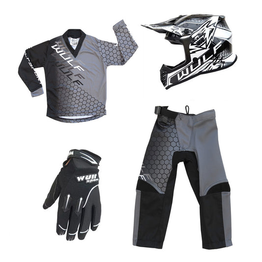 Kids MX Wulfsport 2025 CONNECT Motocross Shirt, Trouser, Glove & Helmet Black Set #6
