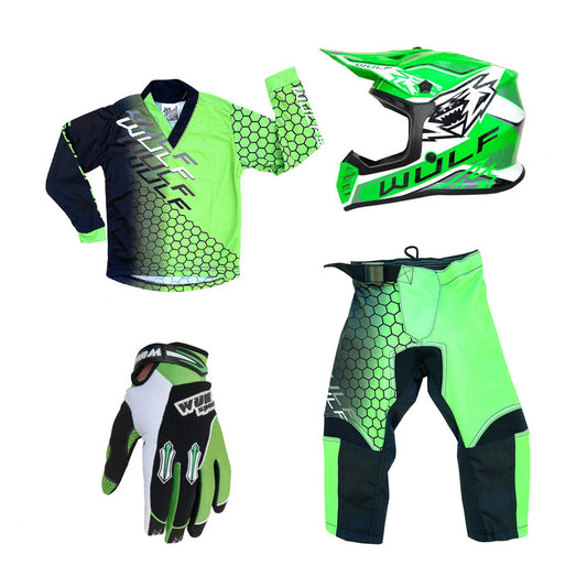 Kids MX Wulfsport 2025 CONNECT Motocross Shirt, Trouser, Glove & Helmet Green Set #6