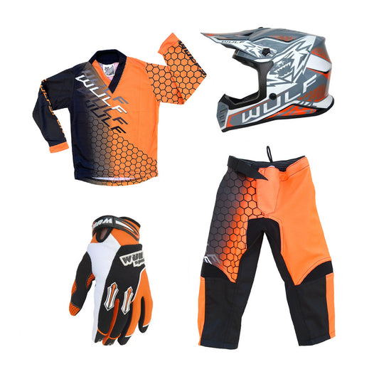 Kids MX Wulfsport 2025 CONNECT Motocross Shirt, Trouser, Glove & Helmet Orange Set #6