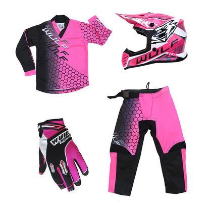 Kids MX Wulfsport 2025 CONNECT Motocross Shirt, Trouser, Glove & Helmet Pink Set #6