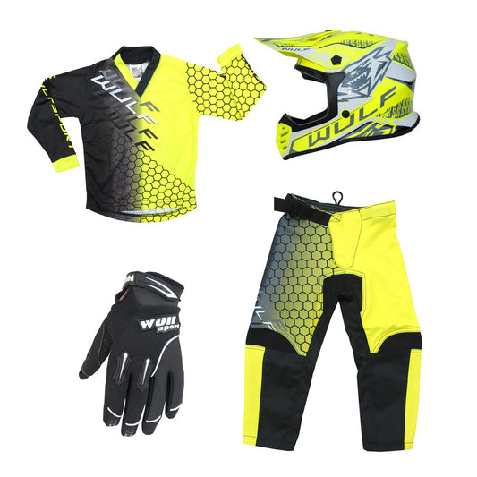 Kids MX Wulfsport 2025 CONNECT Motocross Shirt, Trouser, Glove & Helmet Yellow Set #6