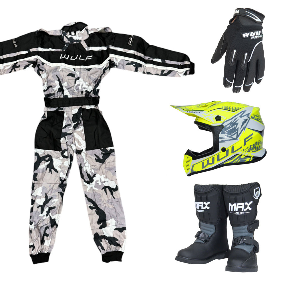 Kids Wulfsport MX Quad Motocross Overall, Helmet, Boots & Gloves Yellow Camo Set #MO6