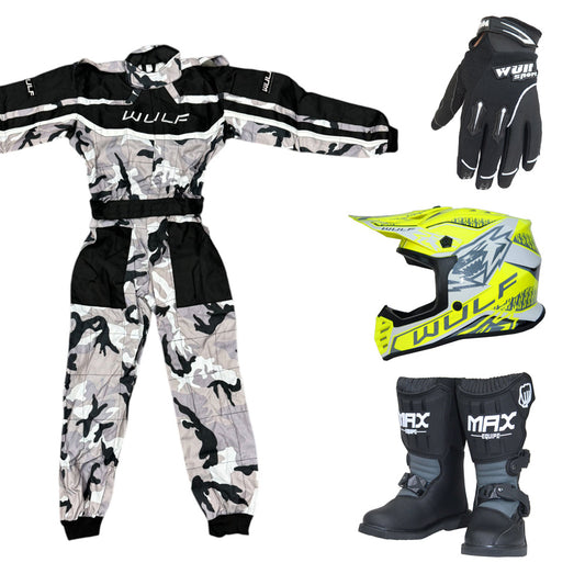 Kids Wulfsport MX Quad Motocross Overall, Helmet, Boots & Gloves Yellow Camo Set #MO6
