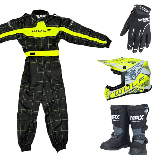 Kids Wulfsport MX Quad Motocross Overall, Helmet, Boots & Gloves Yellow Set #MO6