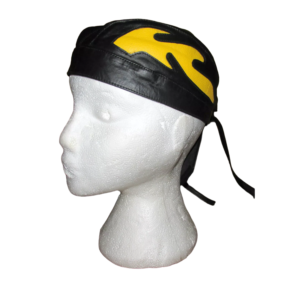 Kids Childrens Youth Leather Flamed Motorcycle Headwear Zandana Black / Yellow