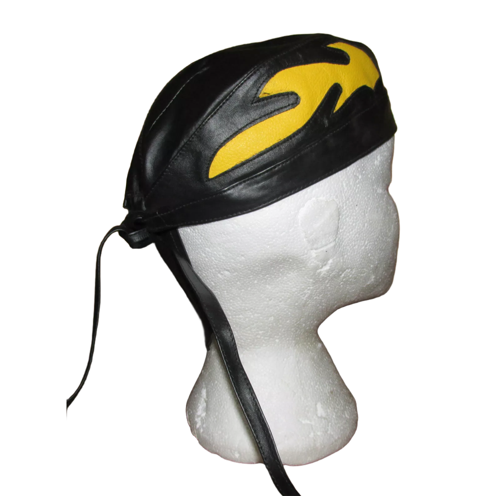 Kids Childrens Youth Leather Flamed Motorcycle Headwear Zandana Black / Yellow